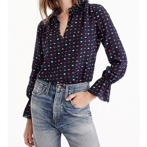 J. Crew Blouse Navy Blue Lipstick Print Silk Ruffle Neck Long Sleeve Size 00